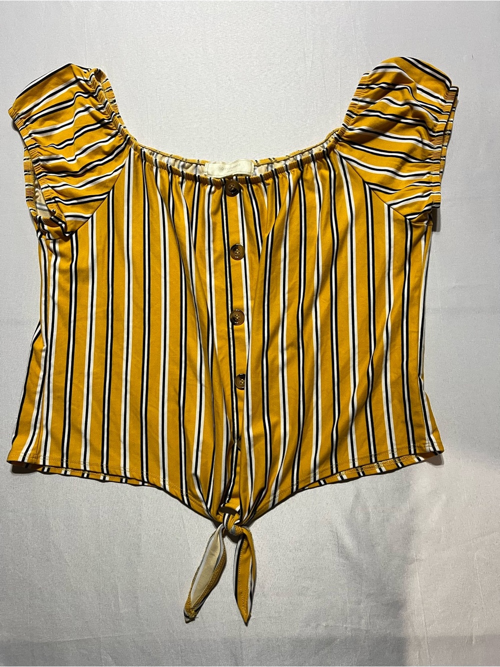 No Comment Women’s Large Striped Yellow Tie-Front Off Shoulder Crop Top Blouse